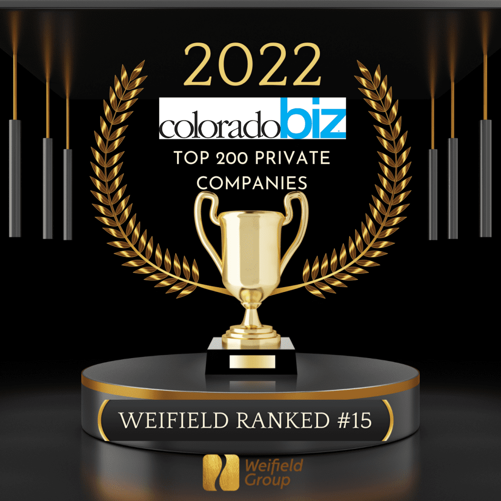Weifield is excited to announce that we have moved up four spots on ColoradoBIZ Magazine’s Top 200 Private Companies List for 2022, ranking #15 (up from #19 in 2021)!