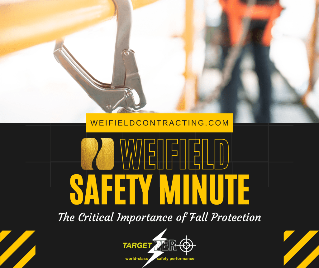 Starting decades ago, to today -- falls are one of the leading causes of both serious injuries and death on construction sites – so we must protect any employee working more than six feet in height and/or reaching more than 10 inches below a walking or working surface. See inside for tips on how to achieve proper fall protection – in this week’s Weifield Safety Minute by Jack Cain, Chief Safety Officer!
