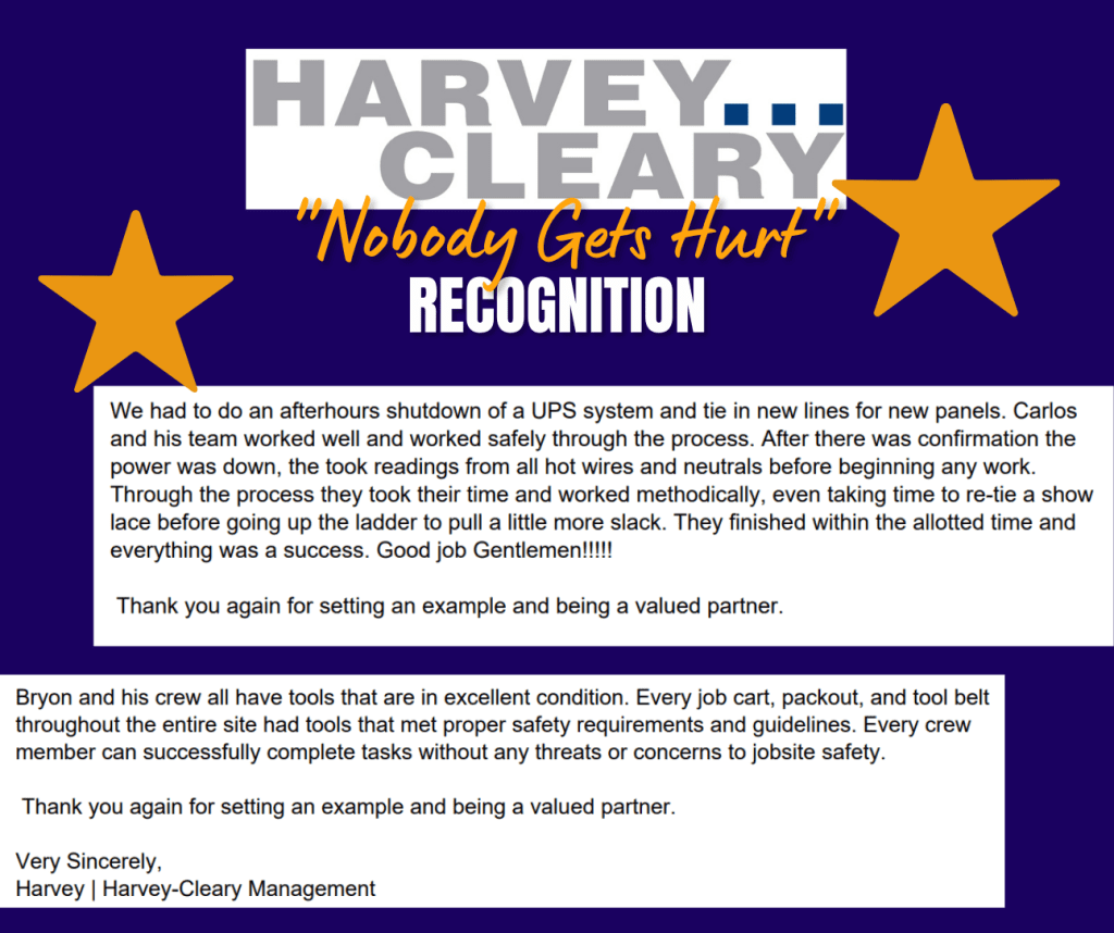 Proud to announce that our Weifield Texas team has received not one, but *two* 'Nobody Gets Hurt' recognitions in January, 2023 from Harvey-Cleary, valued GC partner--for exemplary safety performance on our VRBO Phase 2 Restart project in Austin, TX!