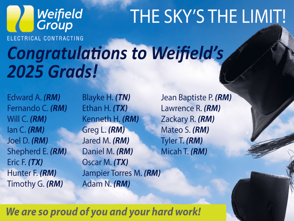HUGE kudos to Weifield’s *24* apprenticeship program graduates who have diligently worked through the four-year apprenticeship programs at IEC Rocky Mountain, IEC Central Texas, and IEC Middle Tennessee, and who are now graduating in June!
